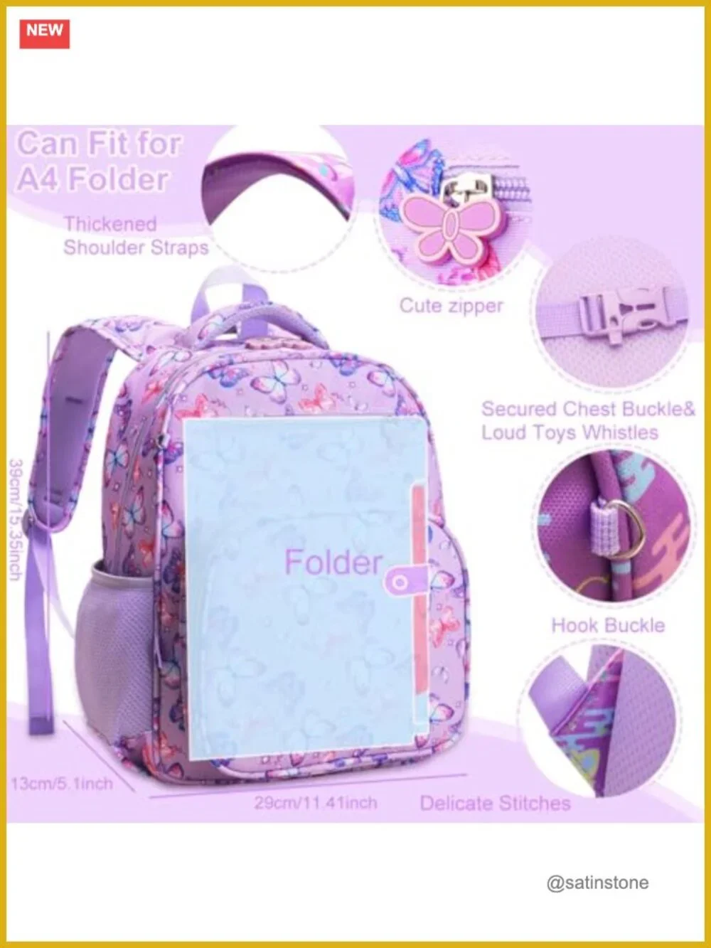 Kids Backpack for Girls 15 Inch School Bookbag Butterfly Design Kindergarten